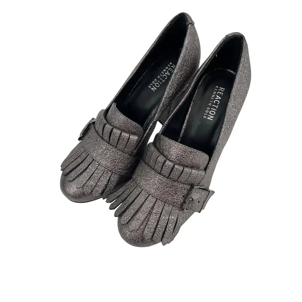 Kenneth Cole Reaction Loafers Women's Metallic Gray Block Heel Size 8